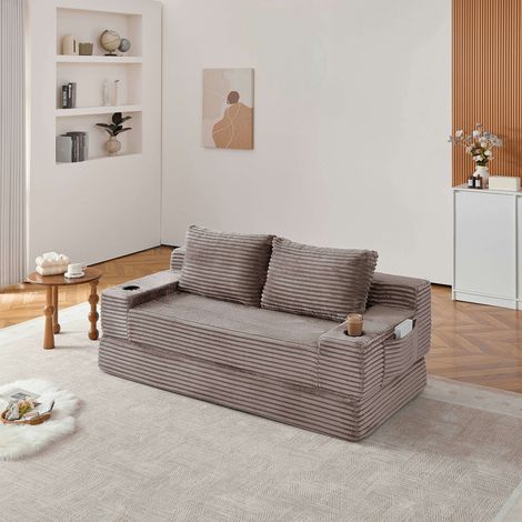 Canapé‑lit 2‑en‑1 en velours côtelé – 2 coussins décoratifs – Porte‑gobelets intégrés – Poches de rangement latérales – Idéal pour salon et chambre – 180x85 cm – Marron (1/5)
