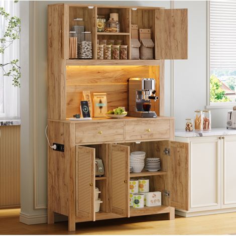 Armario de cocina alto con 5 puertas de ratán, 2 cajones, estantes abiertos, LED RGB y enchufes USB, 100 x 40 x 180 cm – CHICFURN para cocina y comedor (1/5)