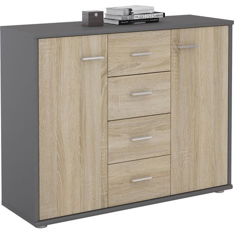 Idimex – Buffet gris mat chêne sonoma – 4 tiroirs et 2 portes – Dimensions 70 x 89 x 30 cm – Surface résistante aux éraflures