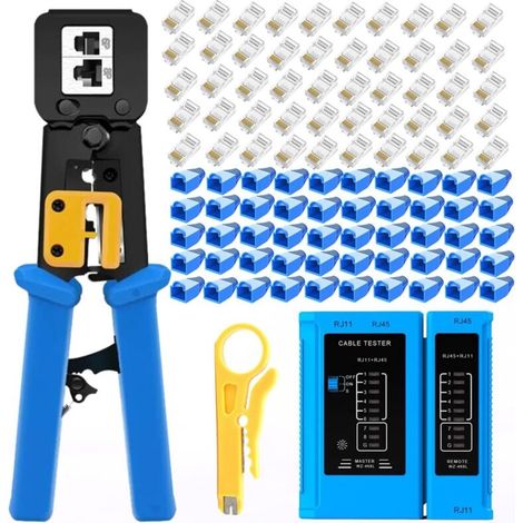 JSSEVN - Crimping tool kit - RJ45 through-hole crimping tool with network cable tester, 50 gold-plated CAT6 connectors and covers, 5 blades (1/5)