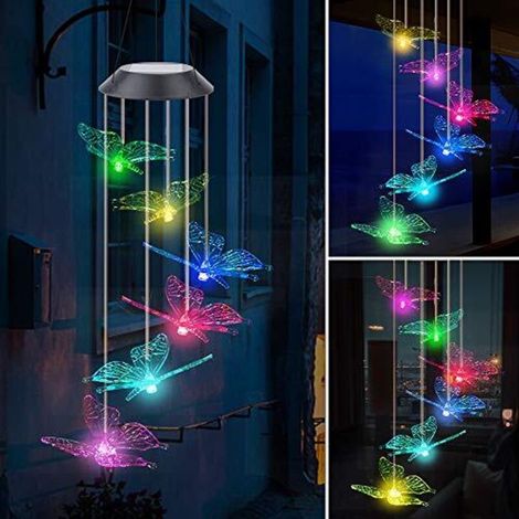 Solar-Windspiel, Schmetterlings-Windspiel, farbwechselnde LED-Beleuchtung, solarbetrieben, wasserdicht, für drinnen und draußen geeignet – ideal für Garten, Partys, Terrasse, Rasen, Hof, Veranda und B