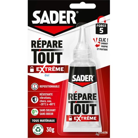 Sader Répare Tout Extrême Clic – Colle Extra Forte Tous Matériaux – Intérieur/Extérieur – Colle de Réparation/Bricolage – Sans odeur et Sans Solvant – Transparente – Tube de 30 g (avec fermeture clic) (1/3)
