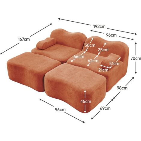 Canapé d’angle modulable 2 places en L – 2 poufs, sans armature, mousse 32D, antidérapant, dimensions 192 x 167 x 70 cm, orange – Énergie et confort (1/5)