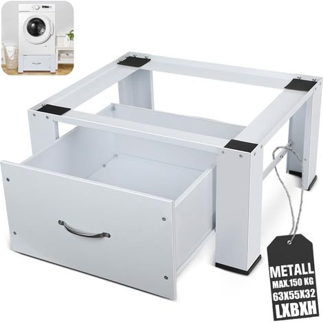 Waschmaschinen Sockel mit Schubladen, Waschmaschinen Untergestell 63 x 54.5 x 32 cm (LxBxH), Trocknersockel aus Stahl Stabiler Rutschfesten Podest für Kühlschrank Gefrierschrank Bis 150kg