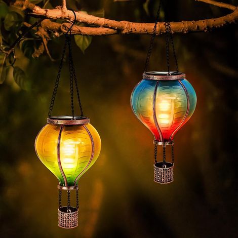 2er Pack Solar Heißluftballon, Gartendeko mit dekorativem Flammeneffekt, Solar LED Heißluftballon, Solarlaterne für Terrasse, Balkon, Pfosten, Weg, Rasen