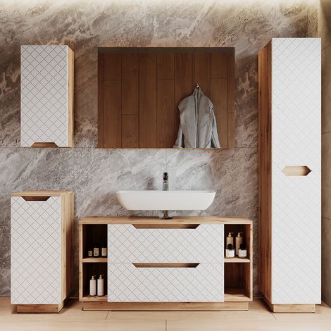 Juego de muebles de baño Lotta, Roble/blanco con estructura de azulejos, 5 partes, Vicco (1/5)