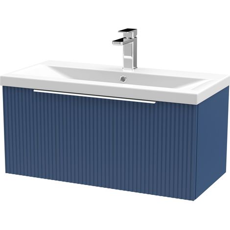 Fluted Front Wall Hung Single Soft Close Drawer Bathroom Vanity Unit with 1 Tap Hole Ceramic Mid-Edge Basin, 800mm, Satin Blue (1/5)
