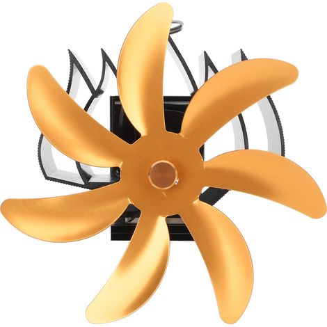 Ventilateur mural à 7 pales en alliage d'aluminium, silencieux, avec fonction chauffante et anneau de fixation, idéal pour les poêles à bois à la maison et en camping, couleur or. (1/5)