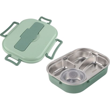 Boîte à déjeuner en acier inoxydable, récipient de stockage des aliments à Bento portable à 4 grilles pour étudiant adulte4 grilles avec bol à soupe : vert