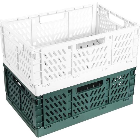 Set of 2 folding plastic crates, stackable storage baskets for kitchen, bedroom, office, garden (30x20x12 cm, dark green+beige) (1/5)