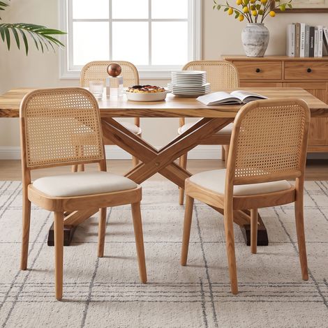 Sillas de comedor de madera maciza con respaldo de ratán y asiento de lino natural DESVIAE (1/5)