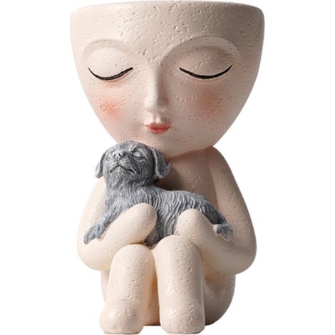 Vase Resin Femme Assise Tenant Chien ou Chat Pot Fleurs Succulentes Décoration Jardin Extérieur Créatif Blanc Petit Format -KZQ (1/2)