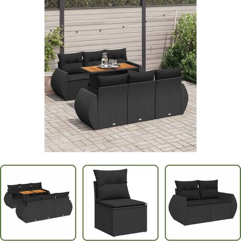 vidaXL Salon de jardin 7 pcs avec coussins noir résine tressée (1/5)