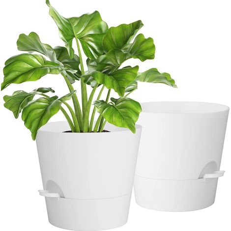 2 Pcs Pots de Fleurs pour Plantes d'Intérieur, Fleurs, Cactus 25.4cm Rond Pot de Plantes,Auto-Arrosant avec Soucoupe,Décoratif Moderne aux Jardins de Balcon Intérieurs, Blanc (1/5)