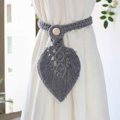 Lot de 2 pinces à rideaux bohème artisanales avec finition en dentelle feuillue, couleur gris neutre – idéal pour décoration intérieure scandinave et naturelle (1/5)