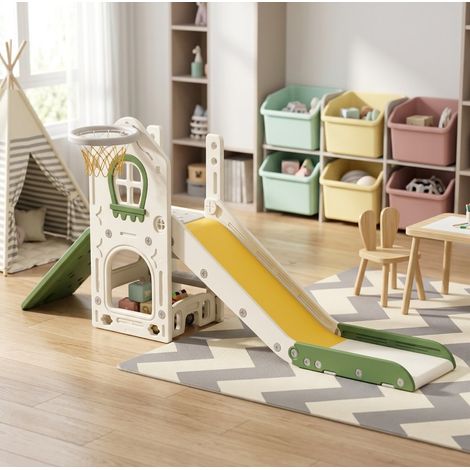 Tobogán infantil 4 en 1 plegable con canasta de baloncesto, blanco crema OKMYHOME (1/5)