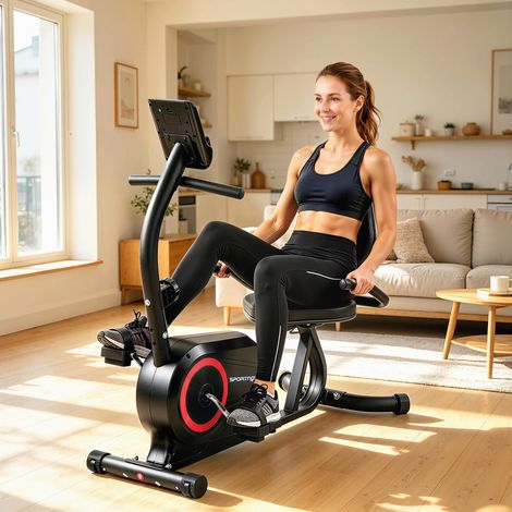 Vélo d'appartement allongé pour la maison avec 8 niveaux de résistance réglables frein magnétique application capteur de pouls écran LCD sangles de pied (1/5)