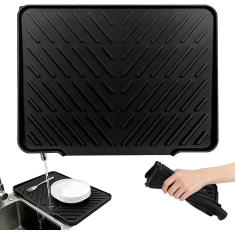 Tapis Egouttoir Vaisselle 40×31cm, Tapis Egouttoir Vaisselle Silicone, Antidérapant Résistant à la Chaleur avec Texture Rainurée, Adapté à la Cuisine, Évier et Rangement de Vaisselle (Noir) (1/5)