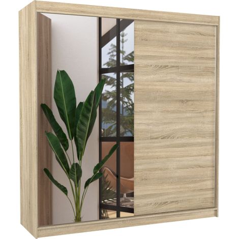 Les Tendances – Armoire moderne 2 portes coulissantes – Bois naturel mat et miroir – Dimensions L 200 x H 215 x P 58 cm – Penderie et étagères réglables (1/5)