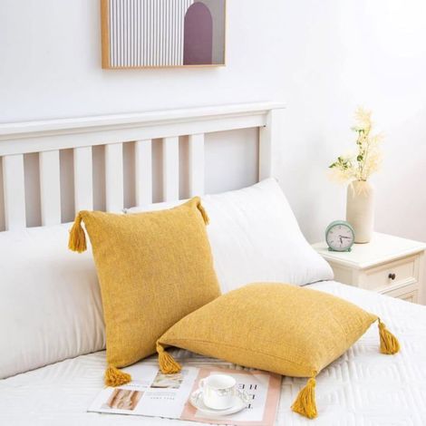 2 Housses de Coussin avec Pompons 45 x 45 cm En Coton et Lin Tissé Confortable et Doux pour la Peau Style Rustique Idéal pour Cana (1/4)