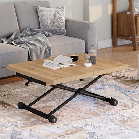 ALTURA 100-160 cm madera y negro mesa de centro de diseño industrial, extensible y convertible en mesa de comedor rectangular