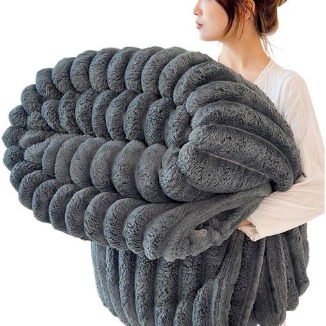 1 pièce Couverture douillette, 200 x 230 cm, peluche de lapin, motif rayé, gris foncé, pour canapé ou lit (1/5)