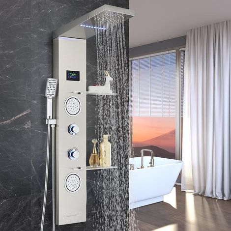 Suguword – Colonne de douche hydromassante 110 cm – Acier inoxydable 304 – Nickel brossé – 5 fonctions jets de massage, pluie, cascade, douchette flexible