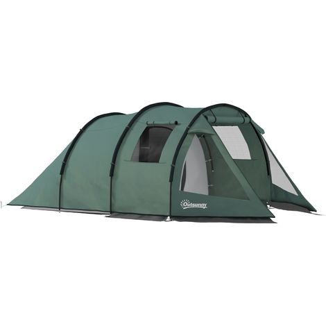 Tente de camping pour 3-4 personnes, deux pièces intérieures, fenêtres en filet, verte, 4,75 x 2,64 x 1,72 m