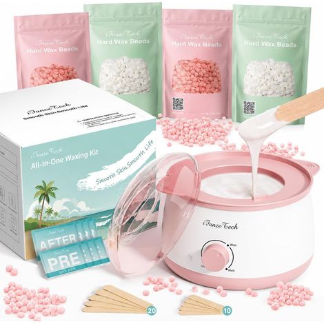 Chauffe Cire Epilation Appareil Chauffe-cire: Kit Cire Épilation avec 400g Perles de Cire et bol silicone, Chauffe 10 mins, Pour Maillot, Visage, Corps, Pour les Débutants(Rose) (1/5)