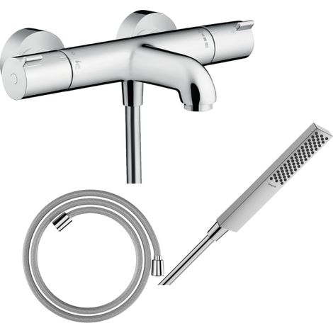 Pack mezclador termostático de baño HANSGROHE Ecostat 1001CL + flexo Designflex + rociador HANSGROHE Pulsify E 100 EcoSmart cromado