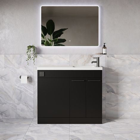Napoli 250 Matt Black 1000mm 2 Door Vanity Unit Toilet Suite with Round Silvo Basin - 1000mm - Gunmetal Grey 160mm HandleWithout Jubilee Toilet Pan