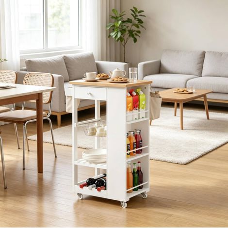 Carrello da cucina con ruote, cassetto e ripiani, bianco ed effetto bambù DESVIAE (1/5)