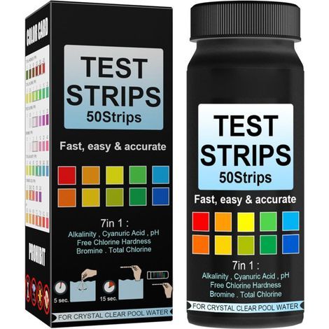 Papier de Test d'eau de piscine 7 en 1, 50 bandes de qualité pour tester le PH, le chlore, le brome, l'acidité, le cyanure (1/5)