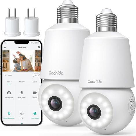 Ampoule Camera Surveillance WiFi, 2K Caméra Surveillance Extérieure/Intérieure 360° avec Douille de Lampe E27, Sirène et Alarme Lumineuse, Vision Nocturne Couleur, Suivi Automatique (1/5)