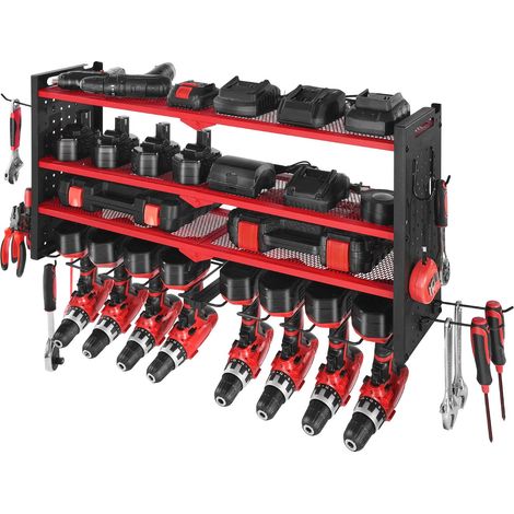 Support mural pour outils, 4 niveaux, 8 porte-perceuses, rangement avec panneaux latéraux, idéal garage et atelier. (1/5)