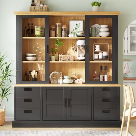 Meuble haut cuisine buffet enfilade 140x40x185 cm, 6 tiroirs, portes vitrées, anti-basculement rails métalliques rangement fonctionnel - Noir (1/5)