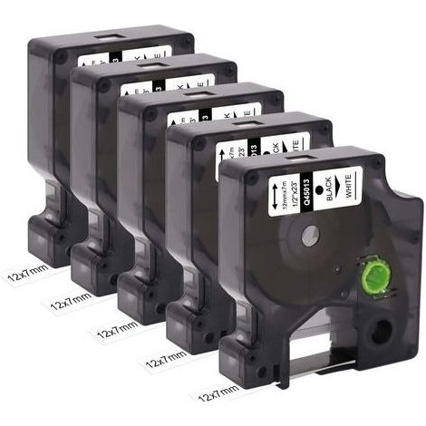 Lot de 5 bandes de rechange pour étiquettes compatibles Dymo D1 45013 S0720530 (12 mm x 7 m) - Ruban adhésif noir sur ruban blanc avec Dymo Label Manager 160 200 210D 280 360D 420P 450D (1/5)