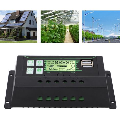Contrôleur solaire 20 A 12/24 V, contrôleur de charge solaire PWM double USB, contrôleur solaire adaptatif photovoltaïque 12 V/24 V (1/5)