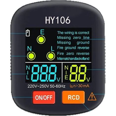 Testeur de prise avec écran LCD – 220-250 V – Testeur RCD – Voltmètre – Phase, neutre, terre (1/5)