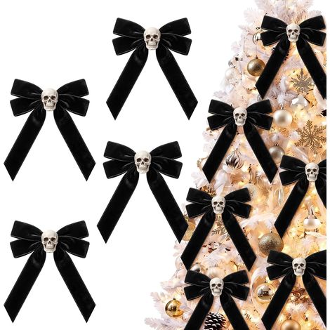 Lot de 4 nœuds décoratifs pour Halloween, motif tête de mort, nœud gothique, sapin de Noël (1/5)