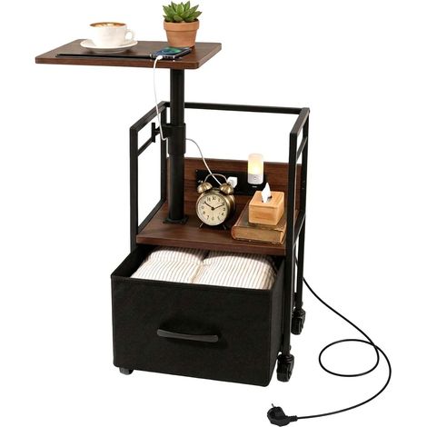 Connected Bedside Table on Wheels with 360° Swivel Top, Adjustable Height 64-80 cm Built-in Sockets 2AC 220V 2USB 5V 2.1A Large Storage Column Reinforced Warm Walnut Finish (1/5)