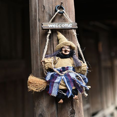 sorcière halloween ornement bienvenue numéro de maison, balai de sorcière avec chapeau halloween décoration pendentif maison hantée