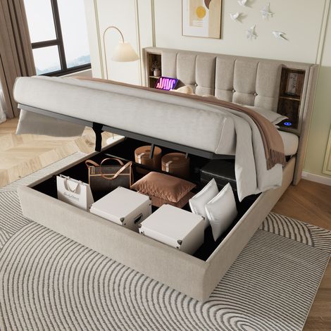 Cama con canapé 140x200 cm de lino natural, USB y carga inalámbrica, sin colchón - CHICFURN (1/5)