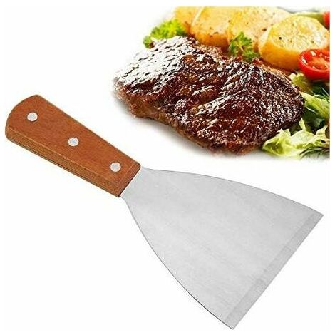 Spatule en acier inoxydable avec manche en bois, spatule antiadhésive pour barbecue, spatule pour poêle à frire, ustensile de cuisine extérieure pour barbecue (1/4)