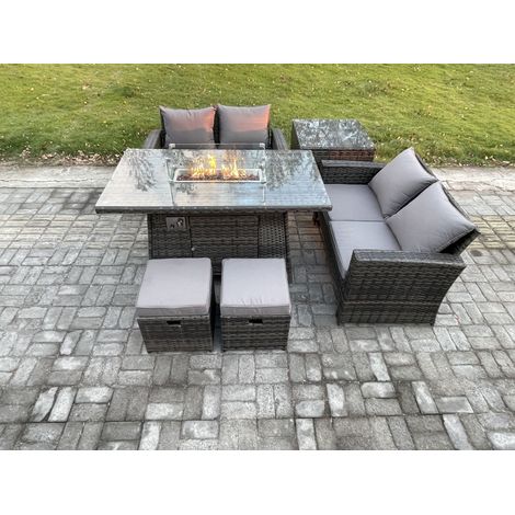 Fimous 6 Stücke Gartenmöbel Set Polyrattan Sitzgruppe Gas Feuerstelle Esstisch Sofa Set mit Beistelltische 2 Kleiner Fußhocker (1/5)