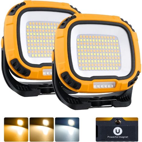 Foco LED recargable de 30 W y 2000 lúmenes, funciona con pilas, 14 modos, luz de trabajo portátil de 136 LED con USB para reparaciones, acampadas y emergencias (amarillo, paquete de 2). (1/5)