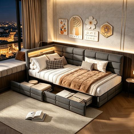 FOERPL-Divano letto imbottito 90 x 200 cm con LED e USB/Type-C, letto singolo imbottito 90 x 200 con 2 cassetti letto con rete a doghe per soggiorno camera da letto in lino