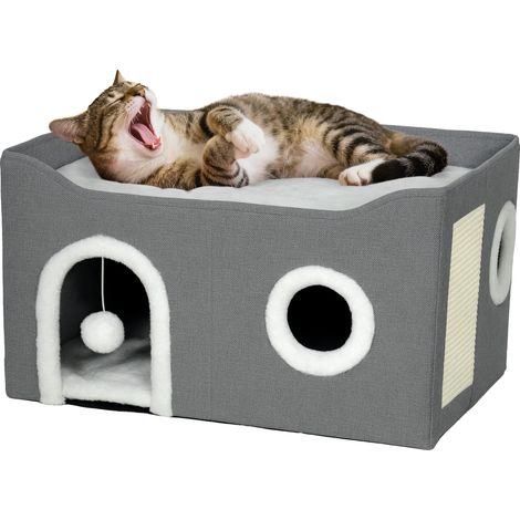 Casita para gatos, rascador, cojín reversible, gris, 60x40x34 cm (1/2)