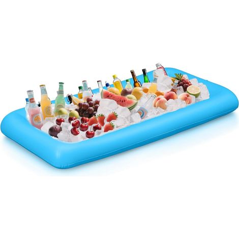 Portavasos flotante inflable, barra de piscina, ideal para fiestas de verano en la piscina, barra de hielo rectangular de 130 x 62 x 12 cm, color azul. (1/5)