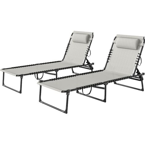 Set aus 2 klappbaren Sonnenliegen, mehrfach verstellbare Rückenlehne, Stahl, elastische Textilene-Gurte, cremefarben